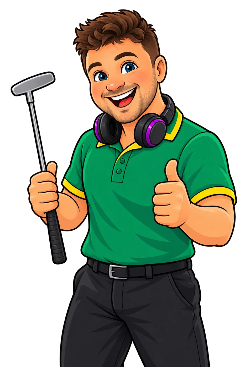 Aaron illustrated in a green golf shirt, holding a putter